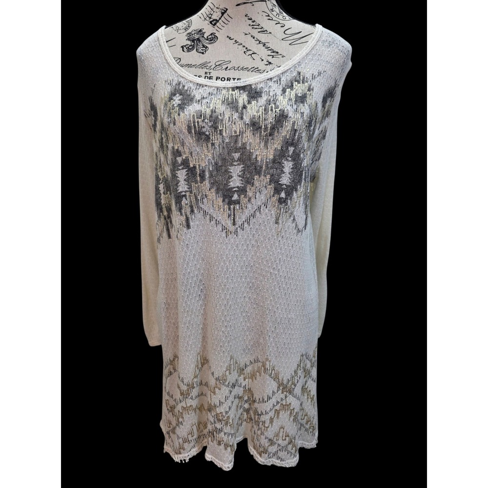 Maurices Womens Size 1 Cream Open Knit Sweater Dress Boho Metallic Southwestern
